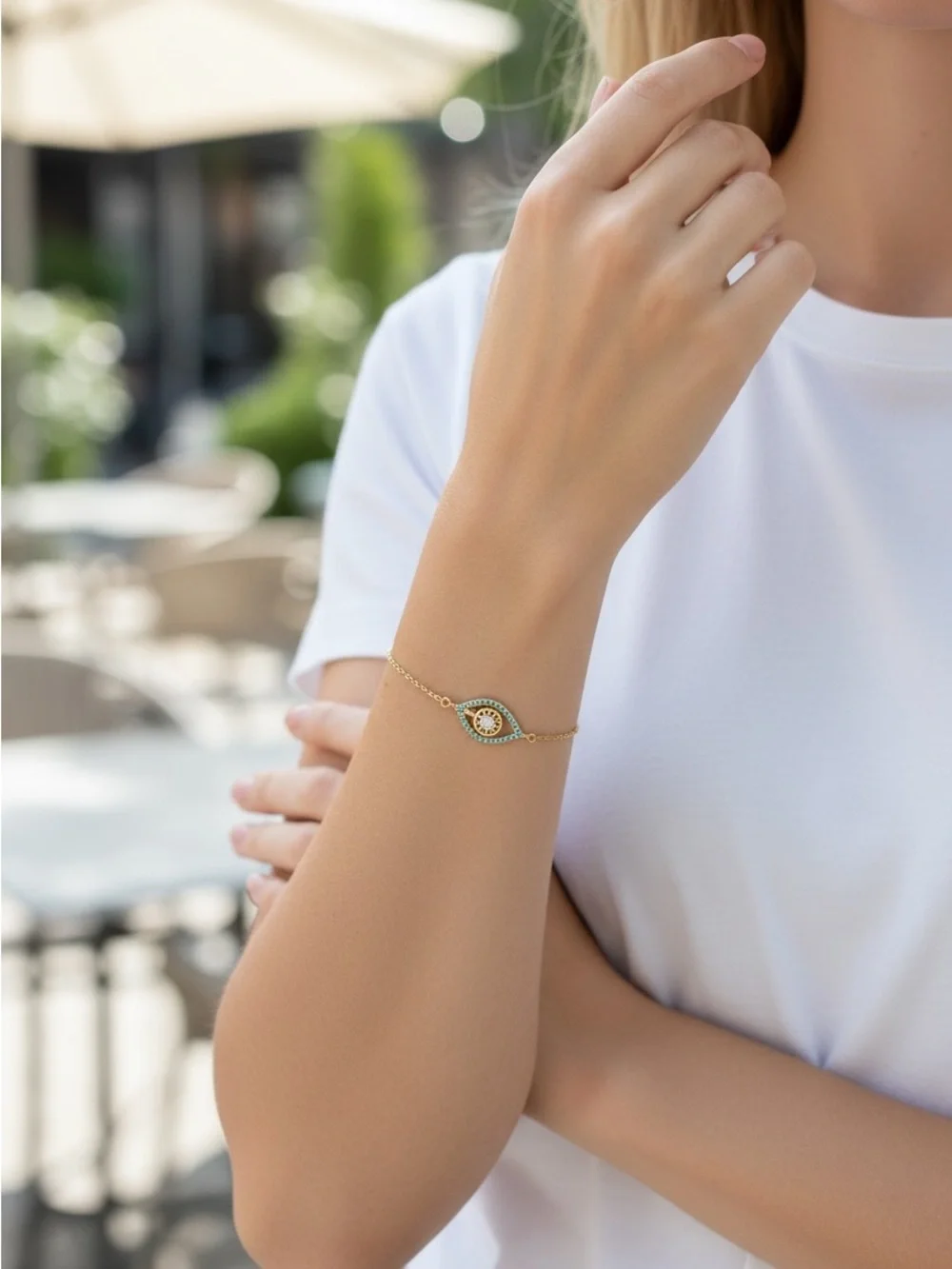 8/22 Gold Evil Eye Bracelet with Blue and White Accents - Women Jewelry